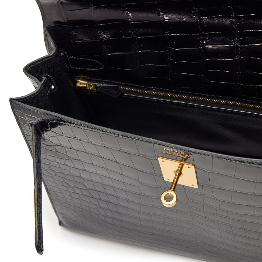 Vintage Black Shiny Porosus Crocodile Sellier Kelly 32 Gold Hardware, 1995
