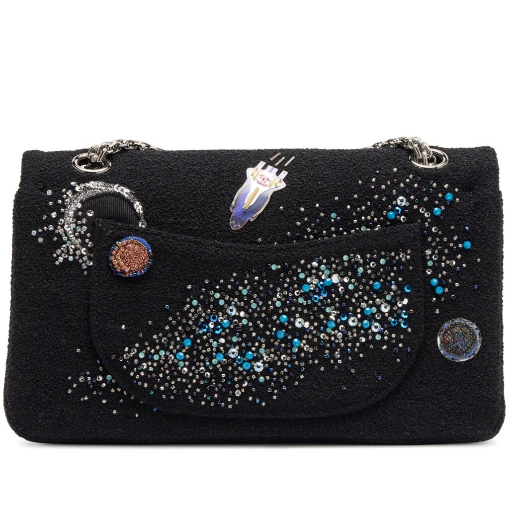 Black Crystal Bead Embellished Boucle Tweed Space Charms 2.55 Reissue 225 Double Flap Bag Ruthenium Hardware, 2017
