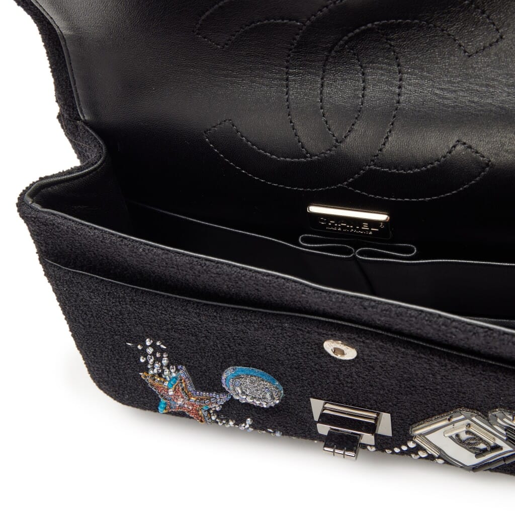 Black Crystal Bead Embellished Boucle Tweed Space Charms 2.55 Reissue 225 Double Flap Bag Ruthenium Hardware, 2017