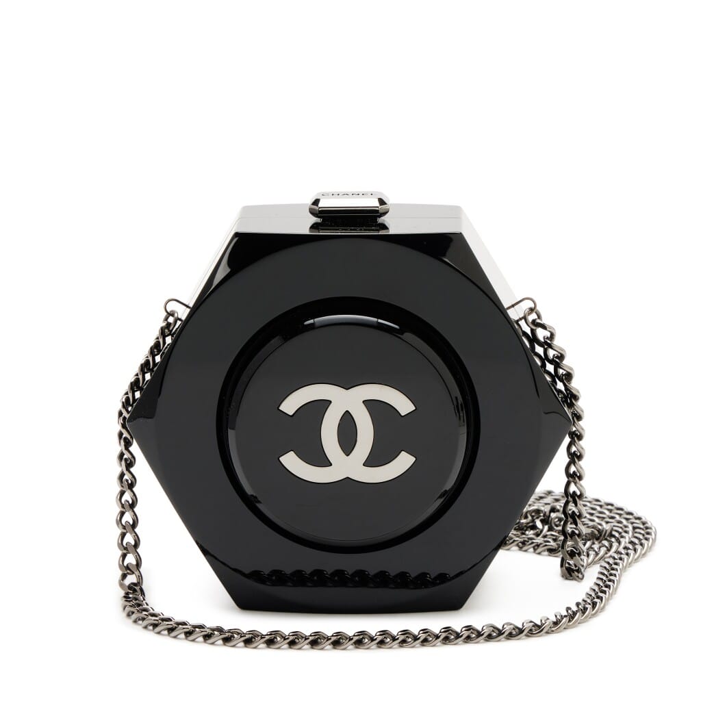 Black Plexiglass Octagon CC Minaudière Clutch Ruthenium Hardware, 2018