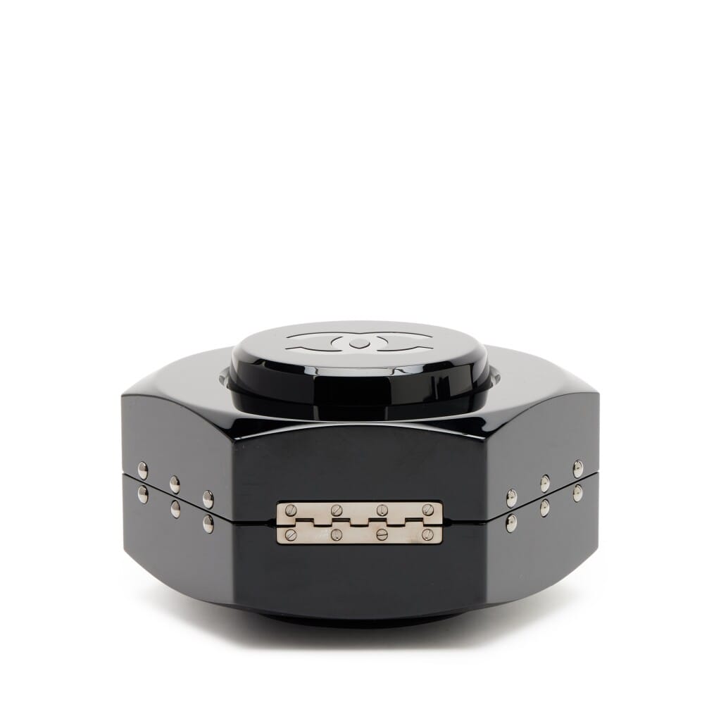 Black Plexiglass Octagon CC Minaudière Clutch Ruthenium Hardware, 2018