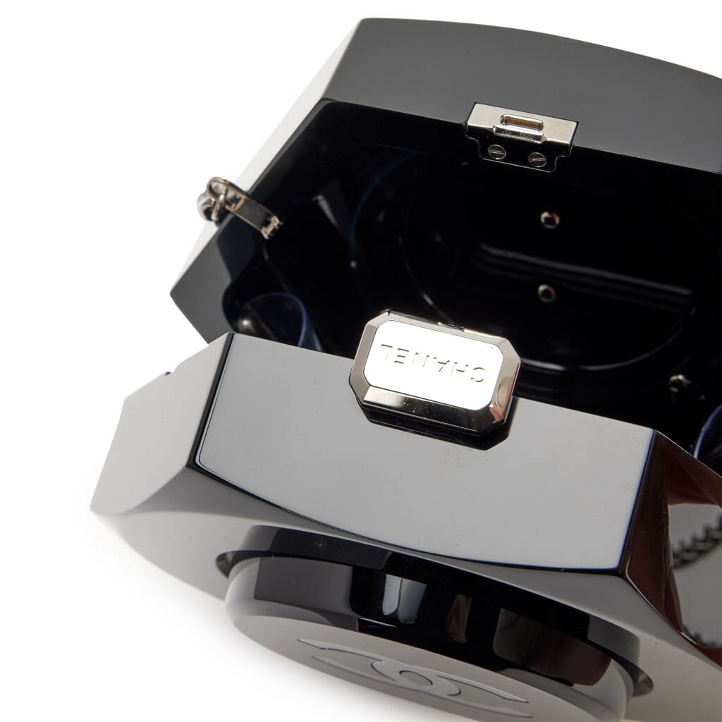 Black Plexiglass Octagon CC Minaudière Clutch Ruthenium Hardware, 2018