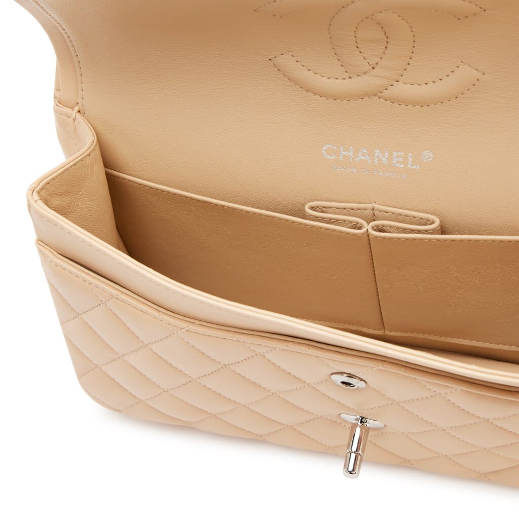 Beige Clair Quilted Lambskin Medium Classic Double Bag Flap Silver Hardware, 2010-2011