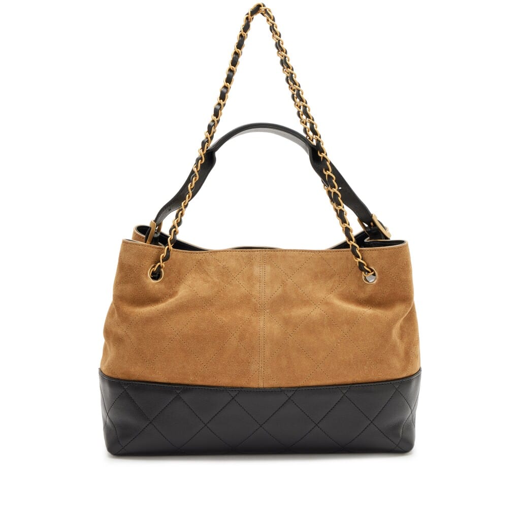 Beige Suede Calfskin and Black Lambskin Quilted Small Shopping Bag Aged Hardware, 2025