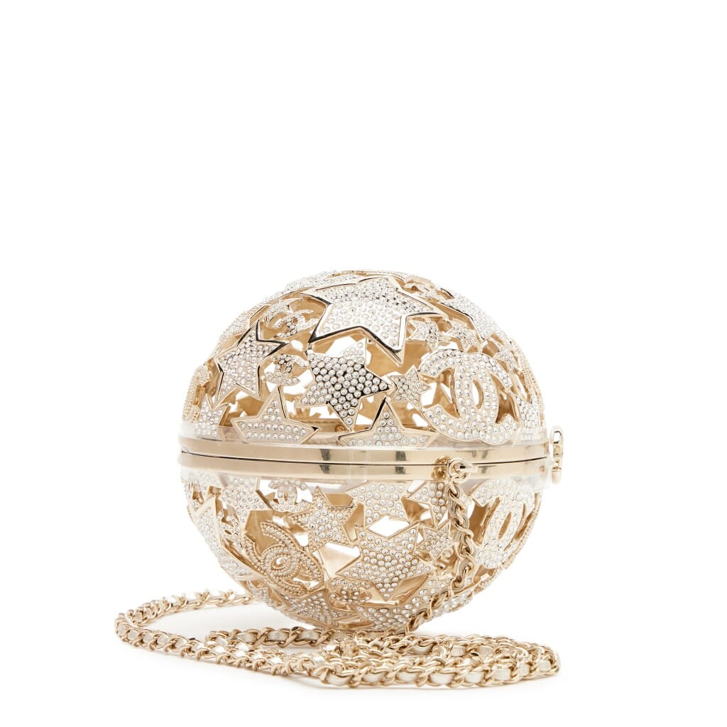 Gold Metal Strass Crystal Sphere Minaudiere Clutch Gold Hardware, 2025