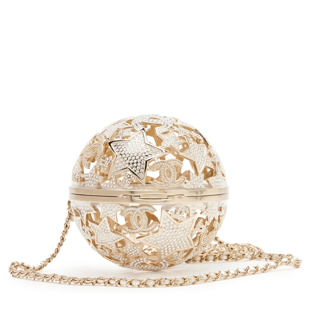 Gold Metal Strass Crystal Sphere Minaudiere Clutch Gold Hardware, 2025