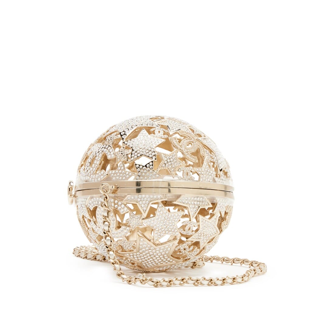 Gold Metal Strass Crystal Sphere Minaudiere Clutch Gold Hardware, 2025