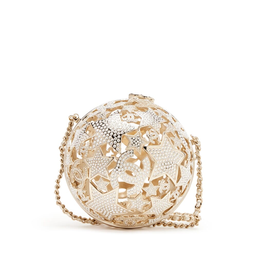 Gold Metal Strass Crystal Sphere Minaudiere Clutch Gold Hardware, 2025