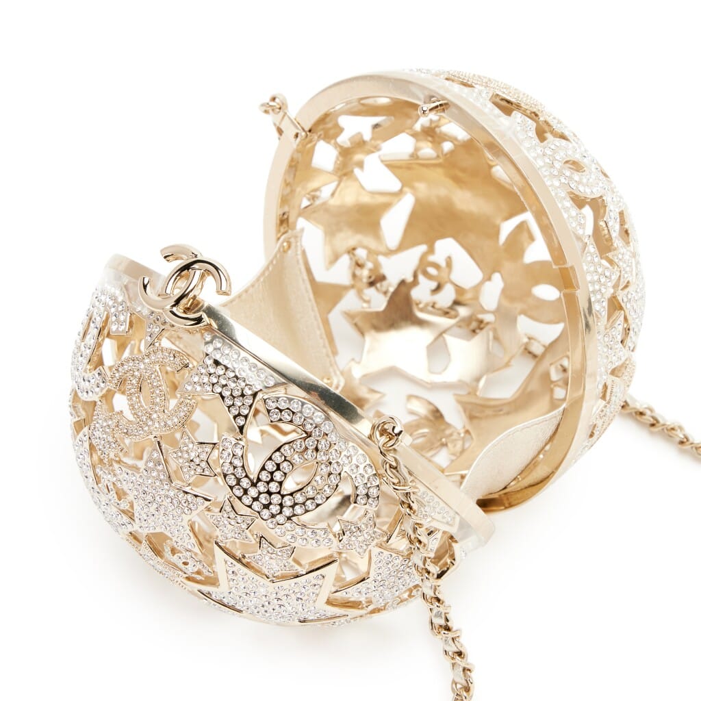 Gold Metal Strass Crystal Sphere Minaudiere Clutch Gold Hardware, 2025