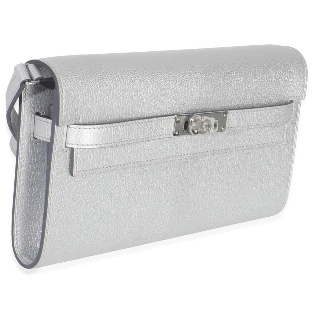 Argent Metallic Chevre Chamkilight Kelly Wallet To Go Palladium Hardware, 2025