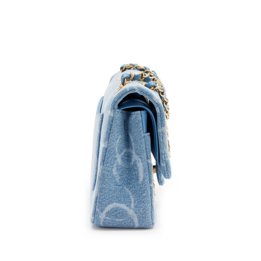 Blue Denim Sequin CC Printed Medium Classic Double Flap Bag Aged Gold Hardware, 2023