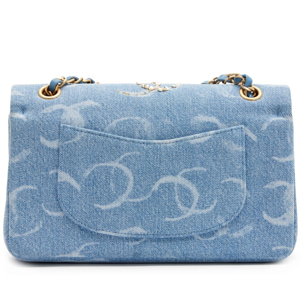 Blue Denim Sequin CC Printed Medium Classic Double Flap Bag Aged Gold Hardware, 2023