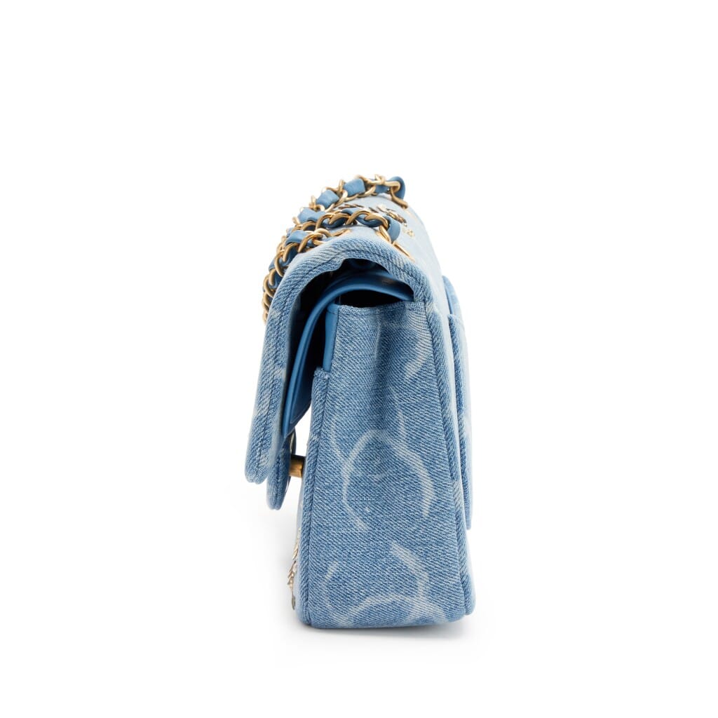 Blue Denim Sequin CC Printed Medium Classic Double Flap Bag Aged Gold Hardware, 2023