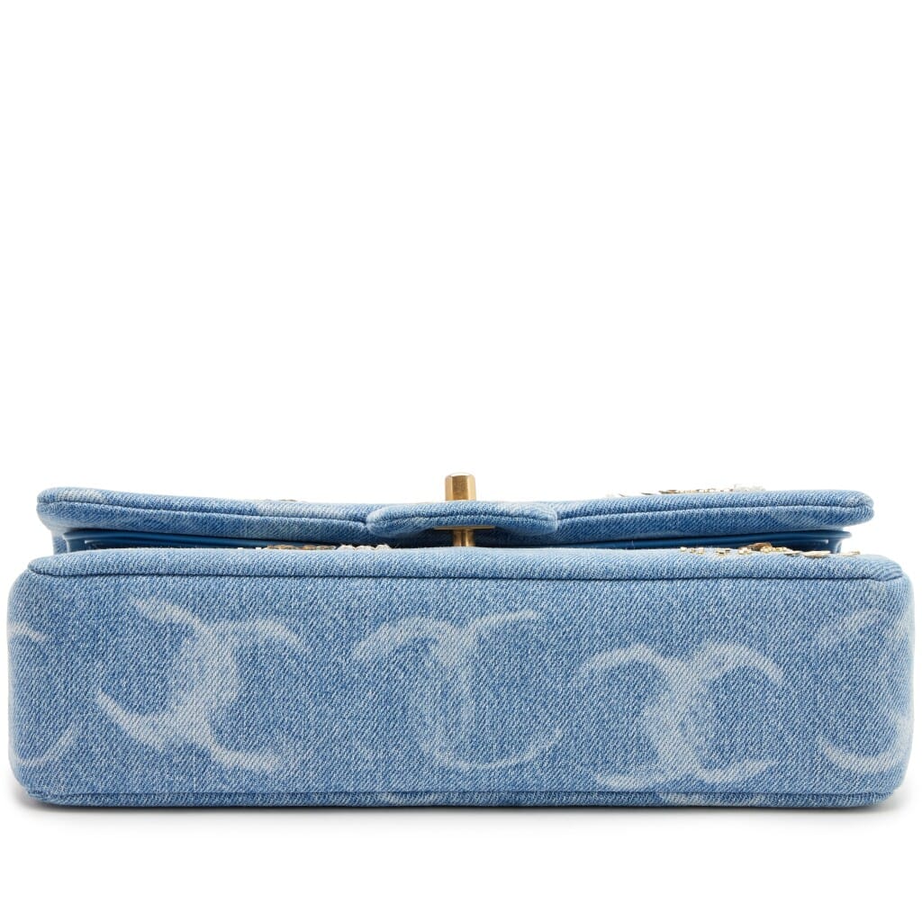 Blue Denim Sequin CC Printed Medium Classic Double Flap Bag Aged Gold Hardware, 2023