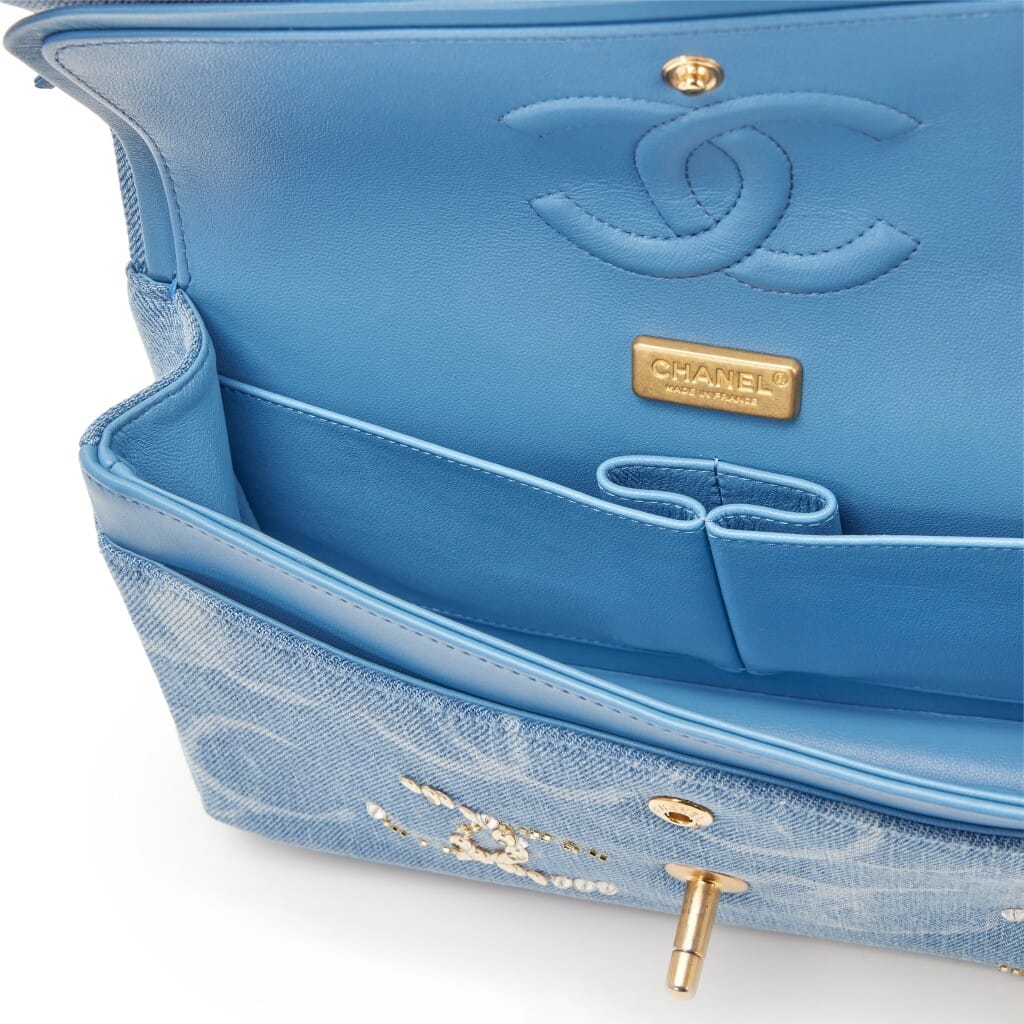 Blue Denim Sequin CC Printed Medium Classic Double Flap Bag Aged Gold Hardware, 2023