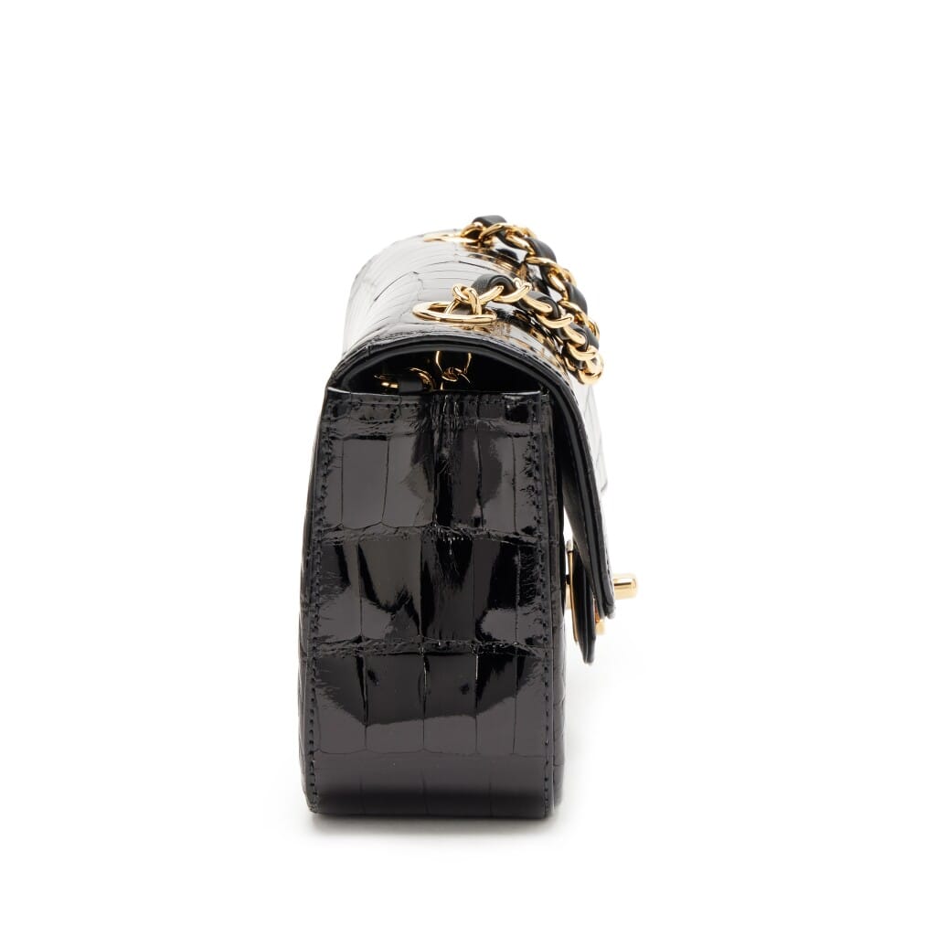 Black Shiny Alligator Mini Rectangular Classic Single Flap Gold Hardware, 2017