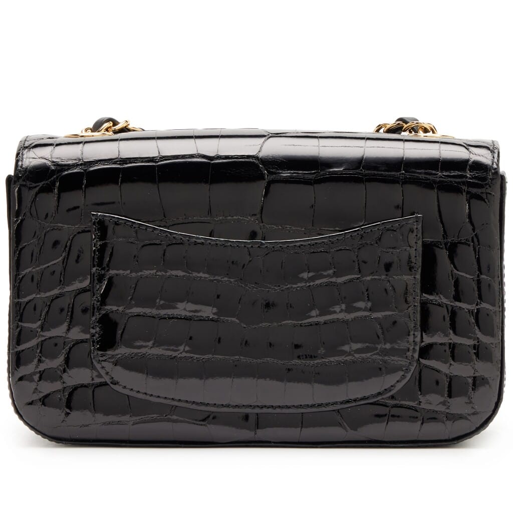 Black Shiny Alligator Mini Rectangular Classic Single Flap Gold Hardware, 2017