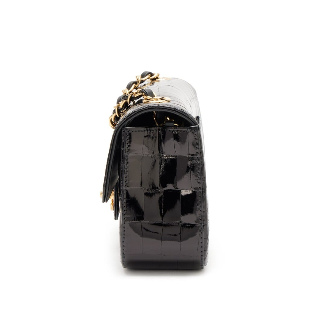 Black Shiny Alligator Mini Rectangular Classic Single Flap Gold Hardware, 2017