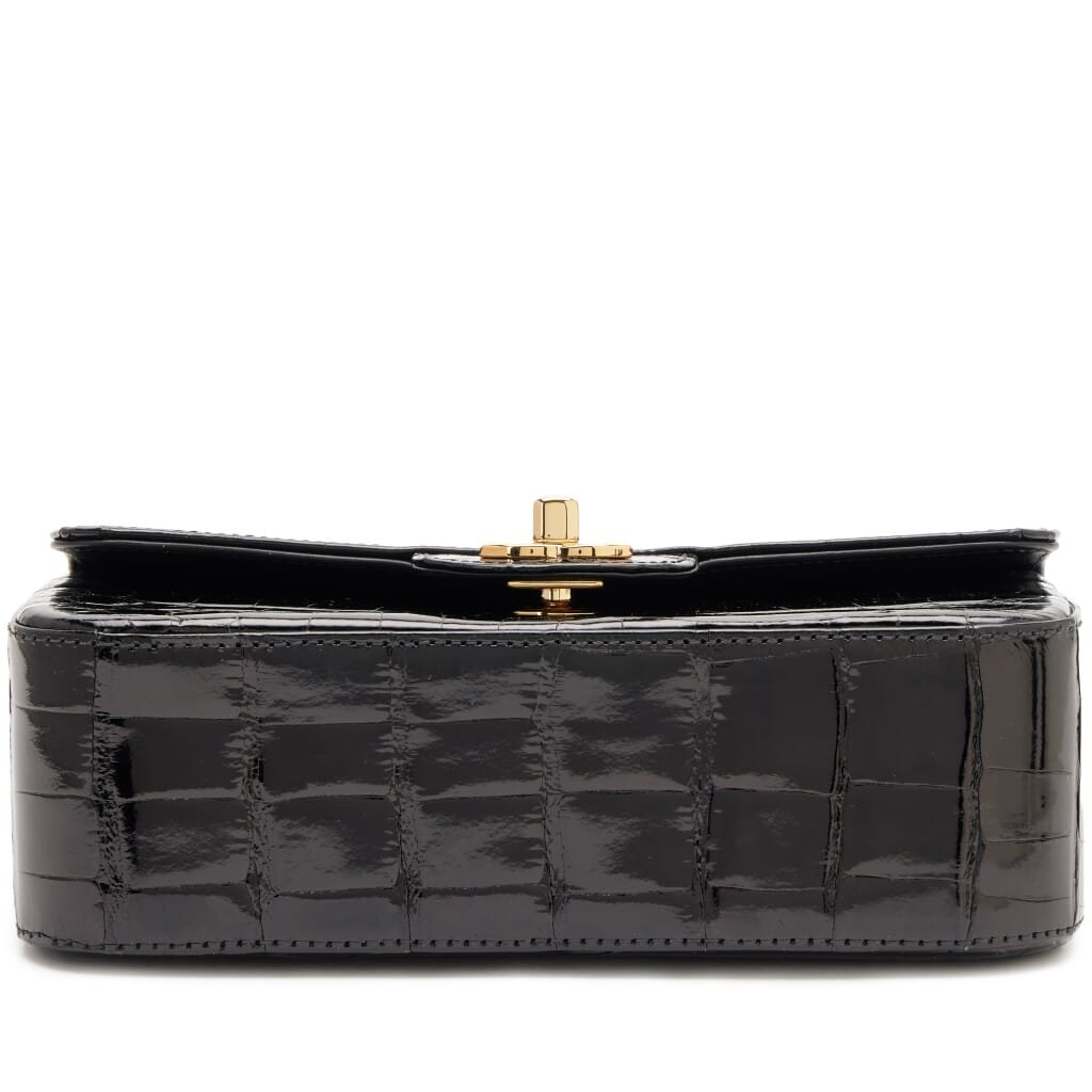 Black Shiny Alligator Mini Rectangular Classic Single Flap Gold Hardware, 2017