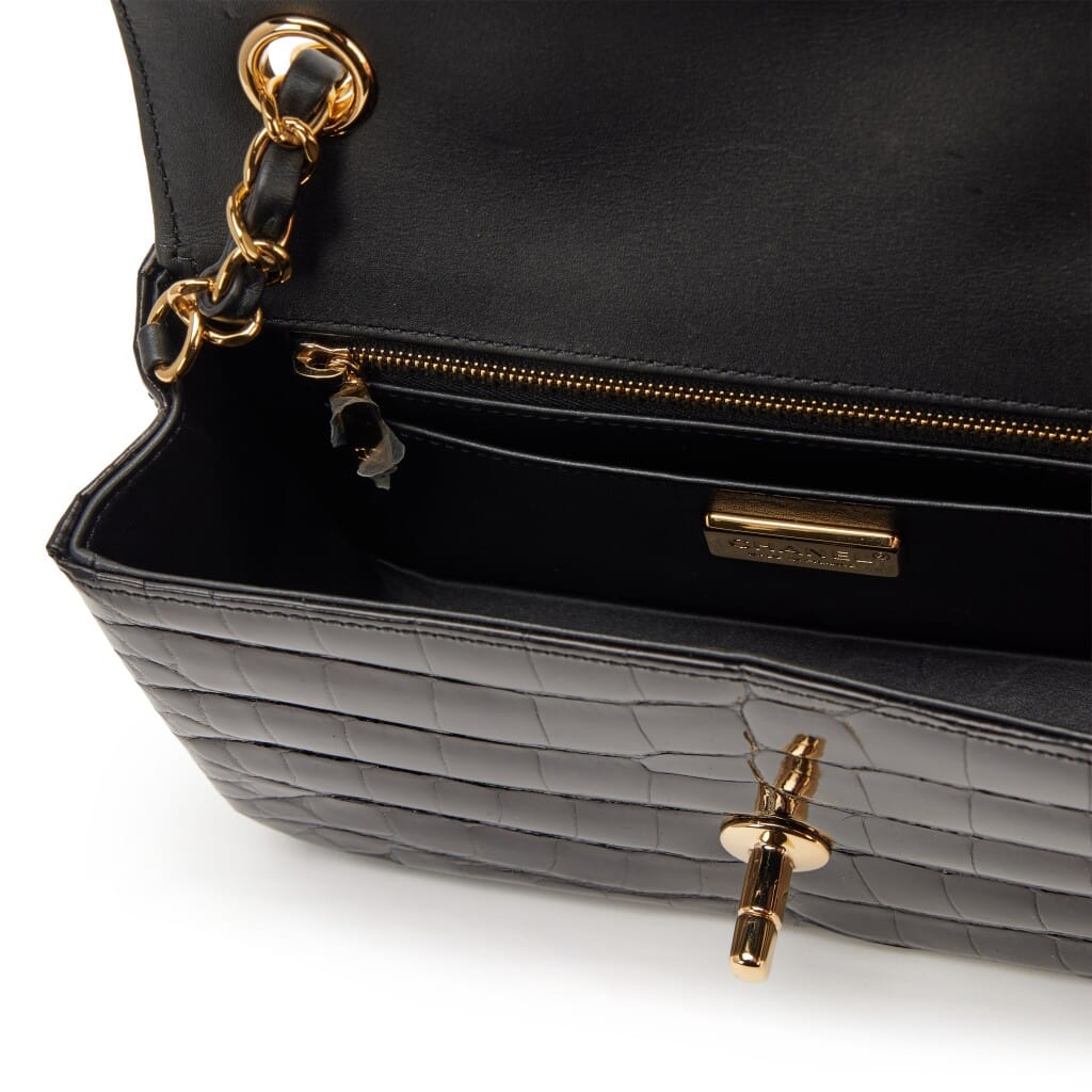 Black Shiny Alligator Mini Rectangular Classic Single Flap Gold Hardware, 2017