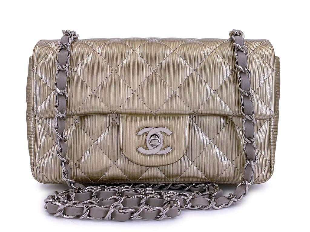 Pewter Textured Patent Rectangular Mini Flap Bag Ruthenium Hardware, 2012