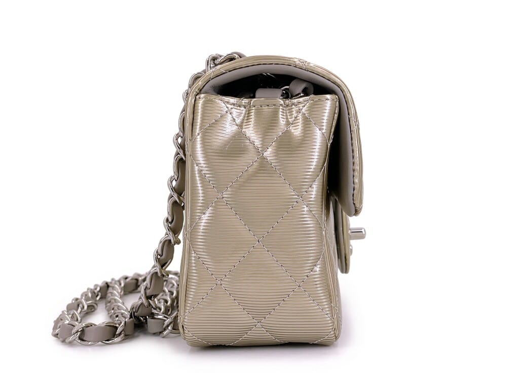 Pewter Textured Patent Rectangular Mini Flap Bag Ruthenium Hardware, 2012