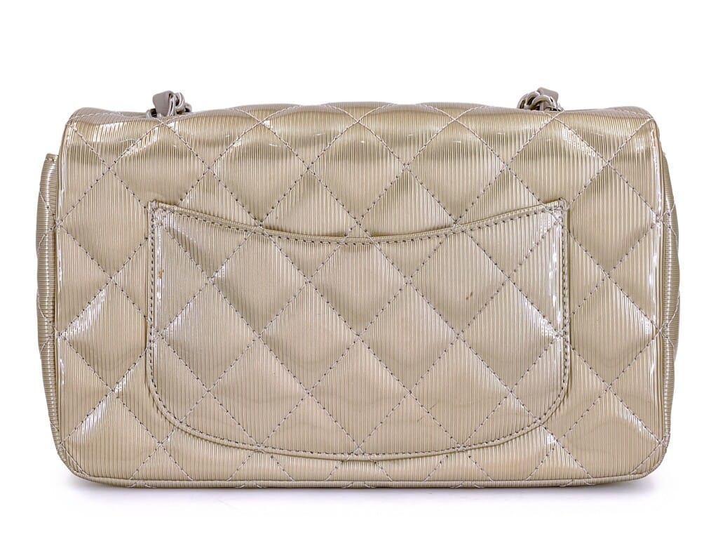 Pewter Textured Patent Rectangular Mini Flap Bag Ruthenium Hardware, 2012