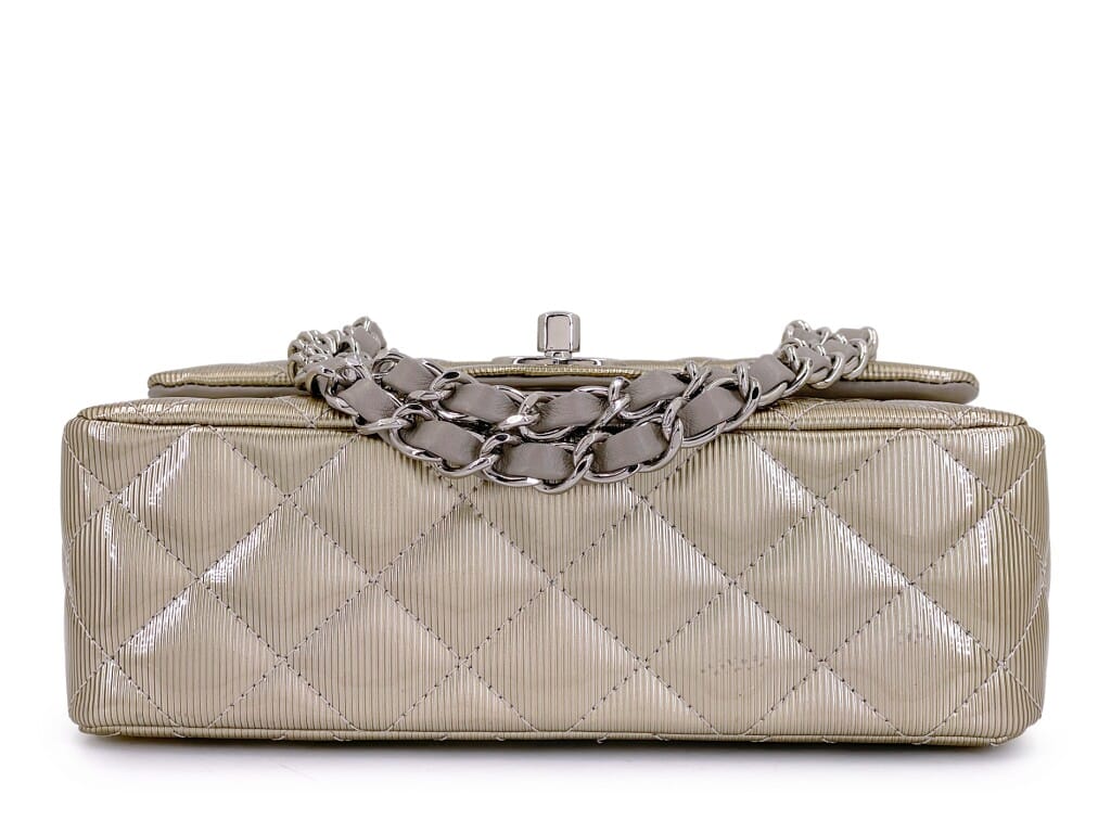 Pewter Textured Patent Rectangular Mini Flap Bag Ruthenium Hardware, 2012