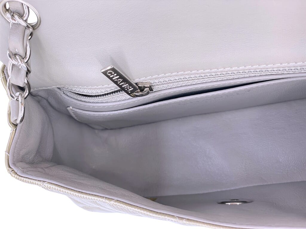 Pewter Textured Patent Rectangular Mini Flap Bag Ruthenium Hardware, 2012