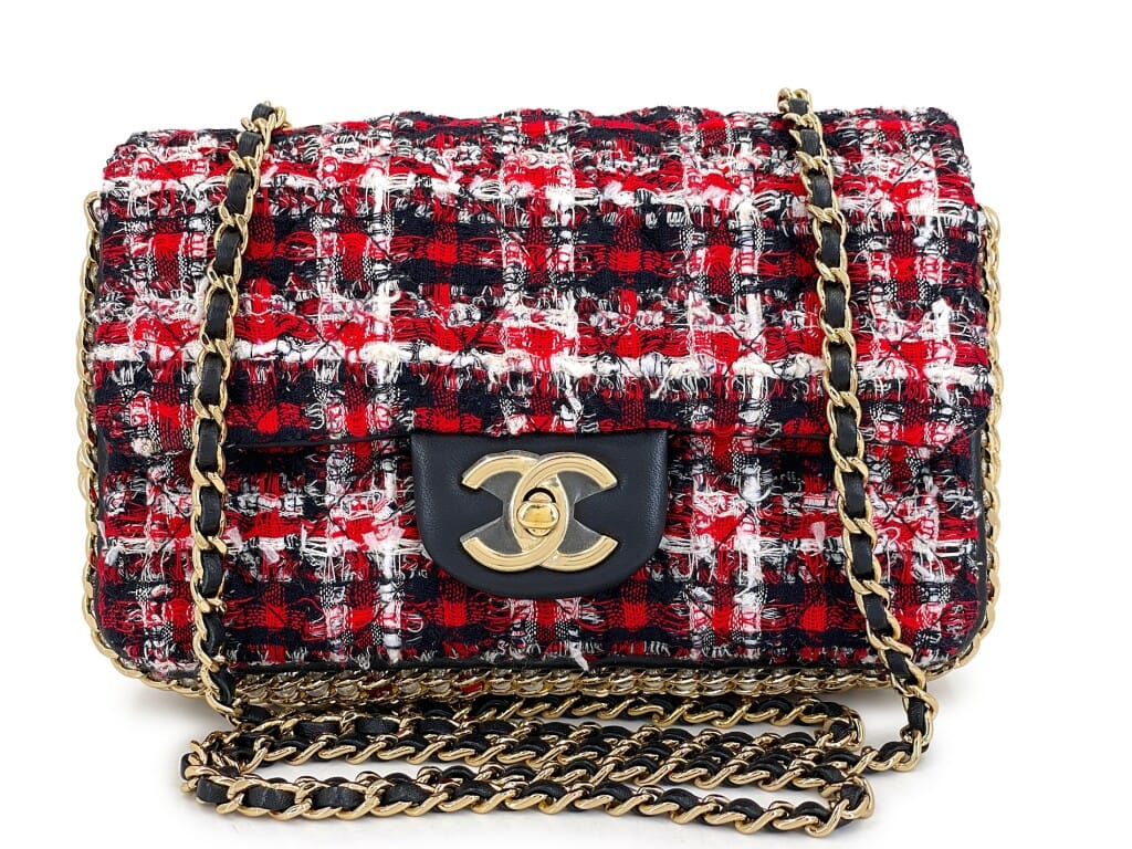 Red, Black, and White Tweed River of Pearls Rectangular Mini Flap Bag Gold Hardware, 2020