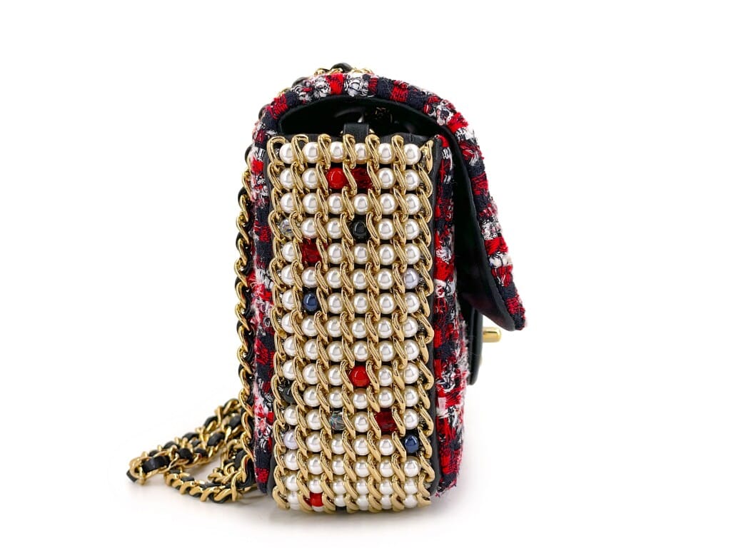 Red, Black, and White Tweed River of Pearls Rectangular Mini Flap Bag Gold Hardware, 2020