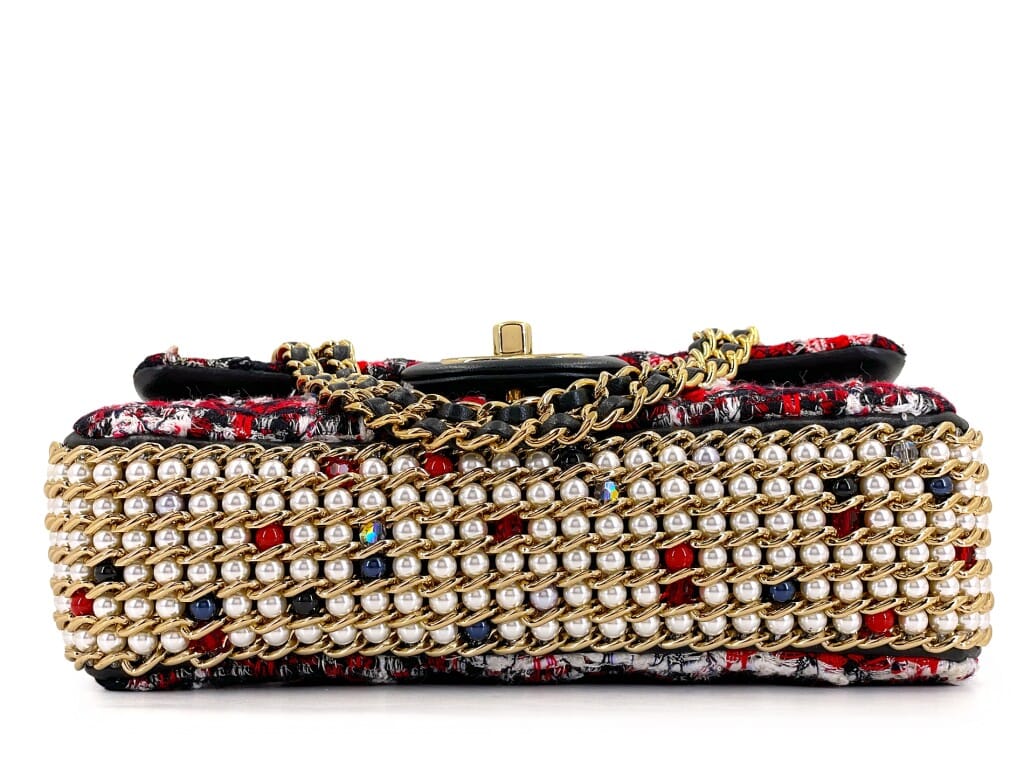 Red, Black, and White Tweed River of Pearls Rectangular Mini Flap Bag Gold Hardware, 2020