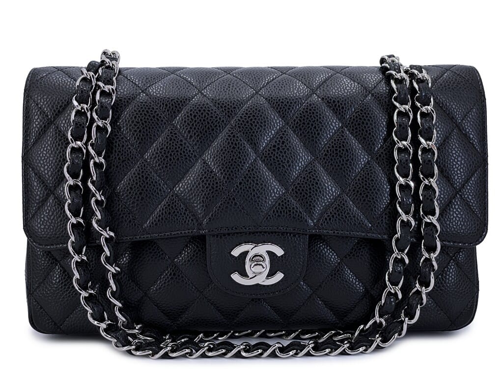Black Quilted Caviar Medium Classic Double Flap Bag Silver Hardware, 2009