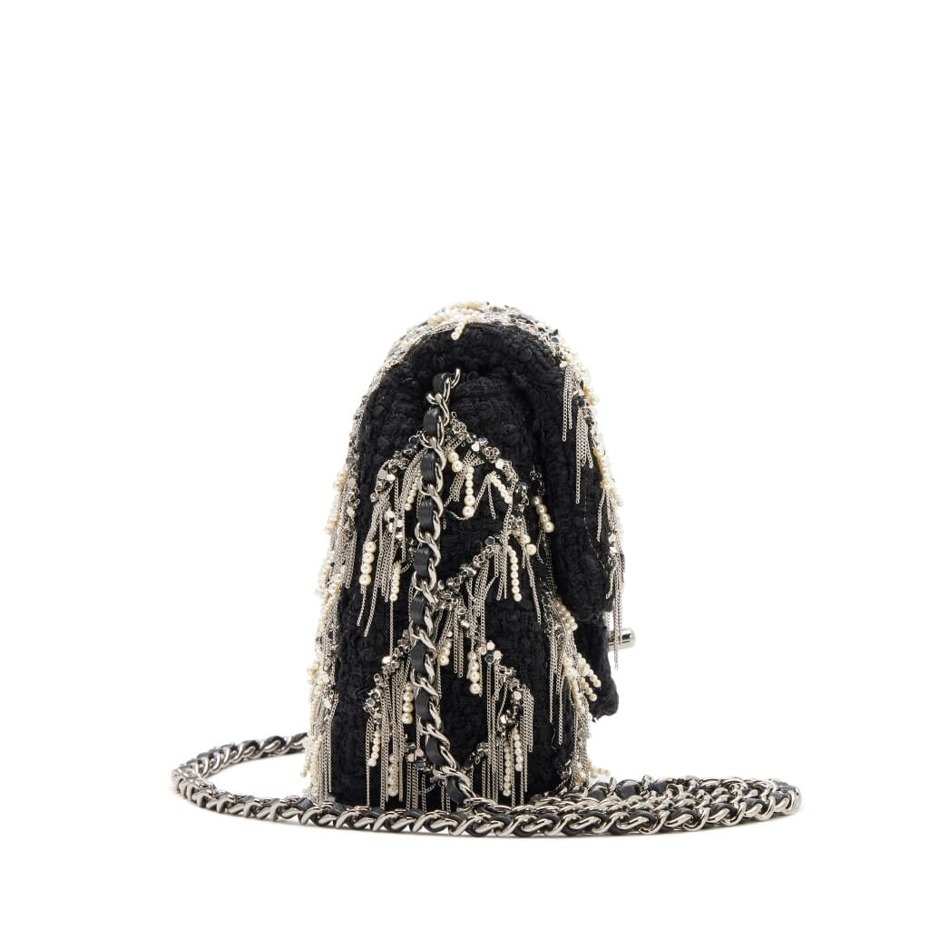 Black Quilted Imitation Pearl Silver Fringe Quilted Tweed Mini Flap Bag Silver Hardware, 2023