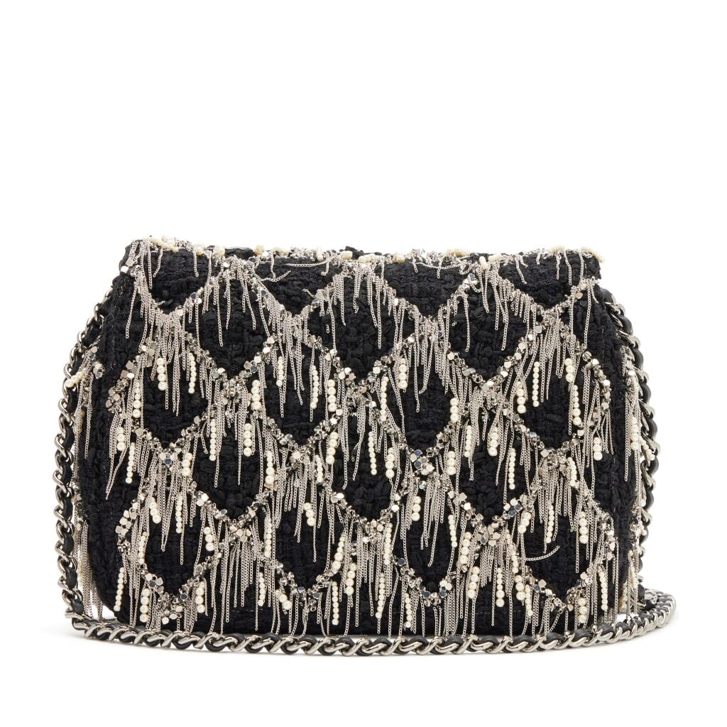 Black Quilted Imitation Pearl Silver Fringe Quilted Tweed Mini Flap Bag Silver Hardware, 2023