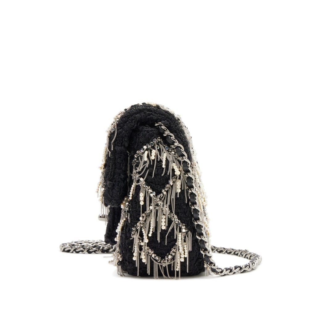 Black Quilted Imitation Pearl Silver Fringe Quilted Tweed Mini Flap Bag Silver Hardware, 2023