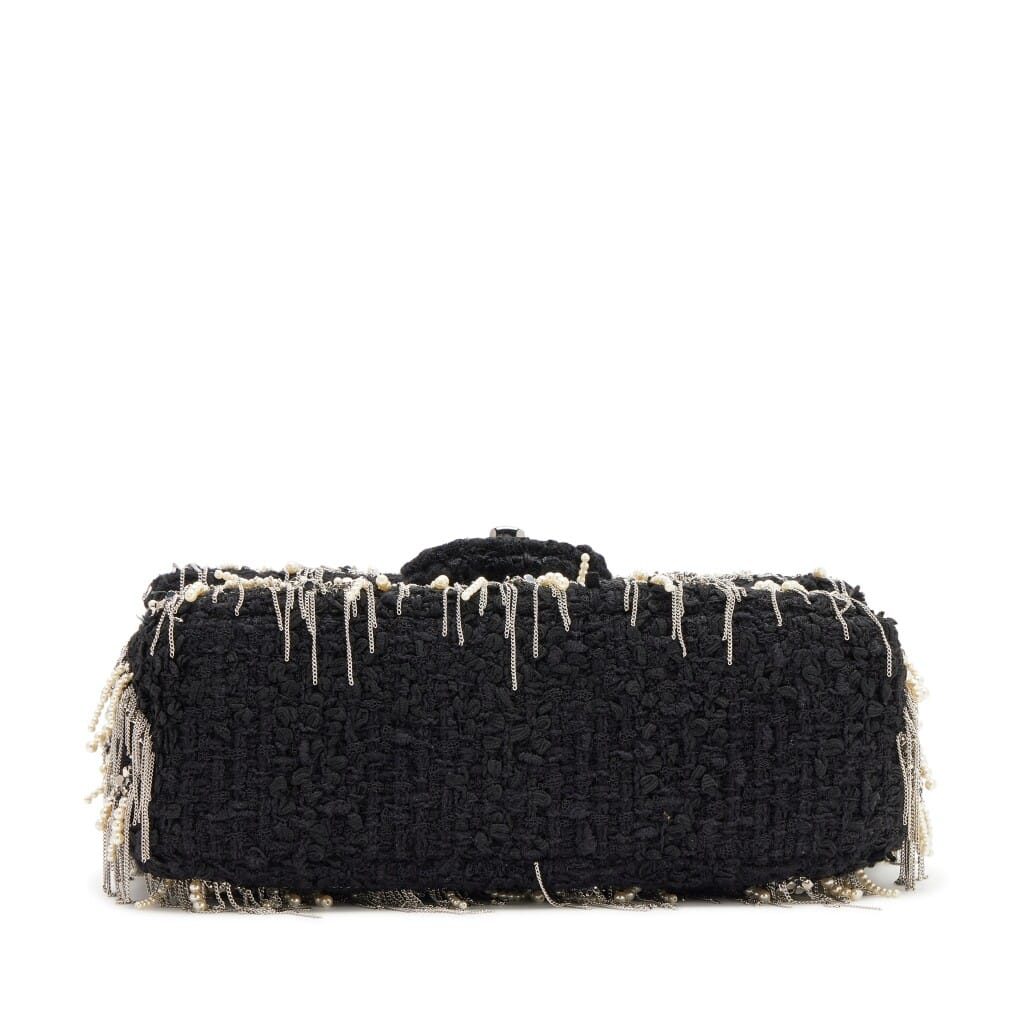 Black Quilted Imitation Pearl Silver Fringe Quilted Tweed Mini Flap Bag Silver Hardware, 2023