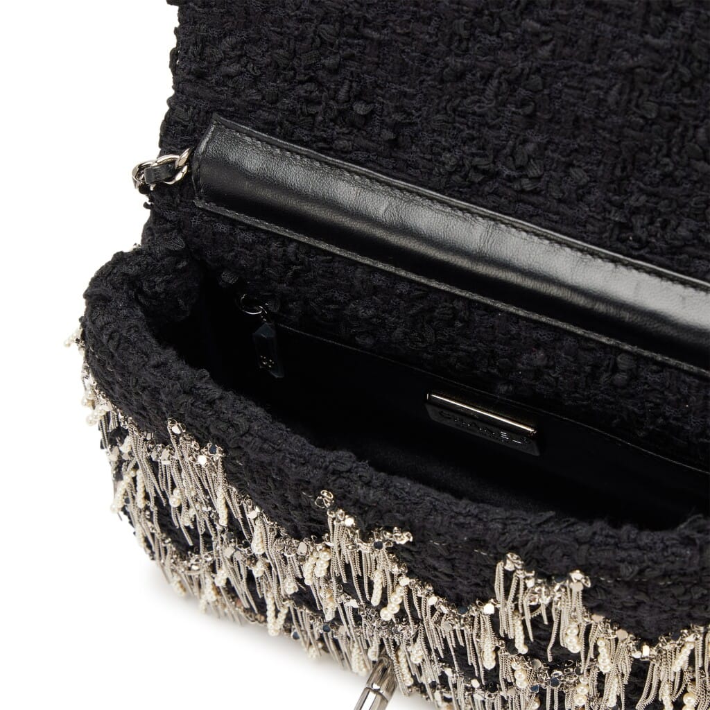 Black Quilted Imitation Pearl Silver Fringe Quilted Tweed Mini Flap Bag Silver Hardware, 2023