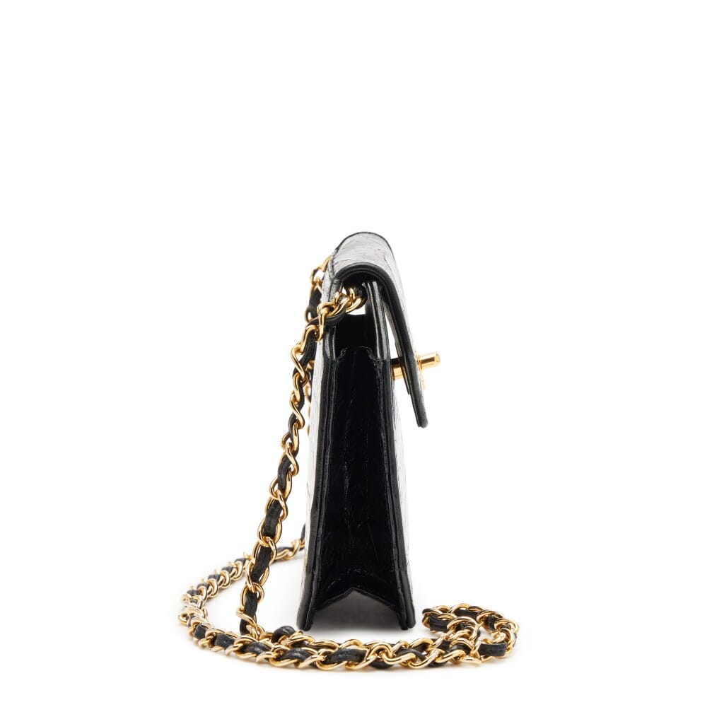 Vintage Black Crocodile Octagon Flap Bag Gold Hardware, 1989-1991