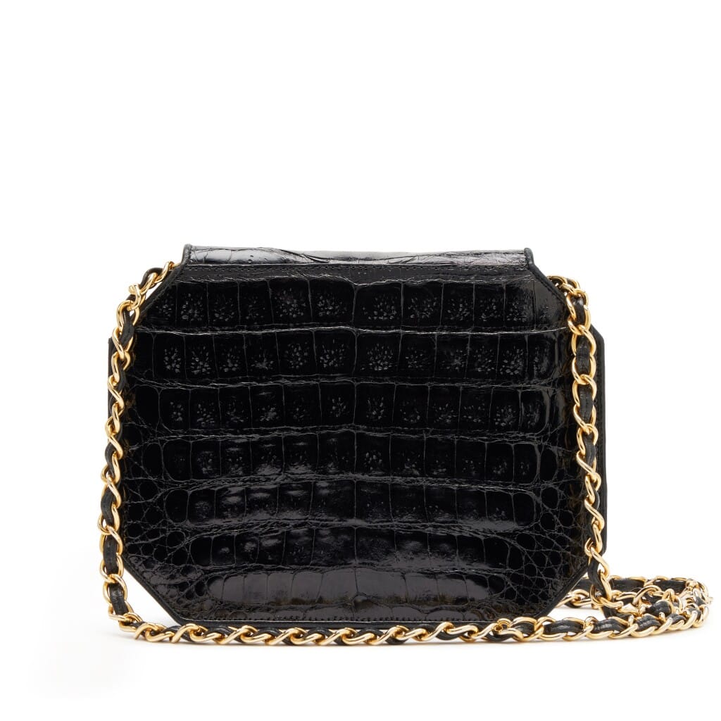 Vintage Black Crocodile Octagon Flap Bag Gold Hardware, 1989-1991