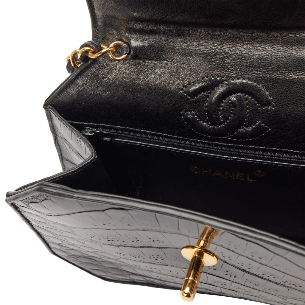 Vintage Black Crocodile Octagon Flap Bag Gold Hardware, 1989-1991