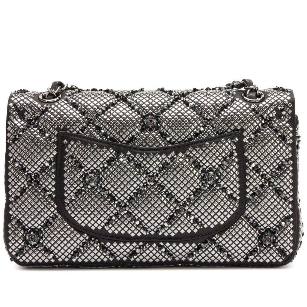 Black Quilted Satin Strass Embellished Beaded Classic Medium Double Flap Bag Ruthenium Hardware, 2022