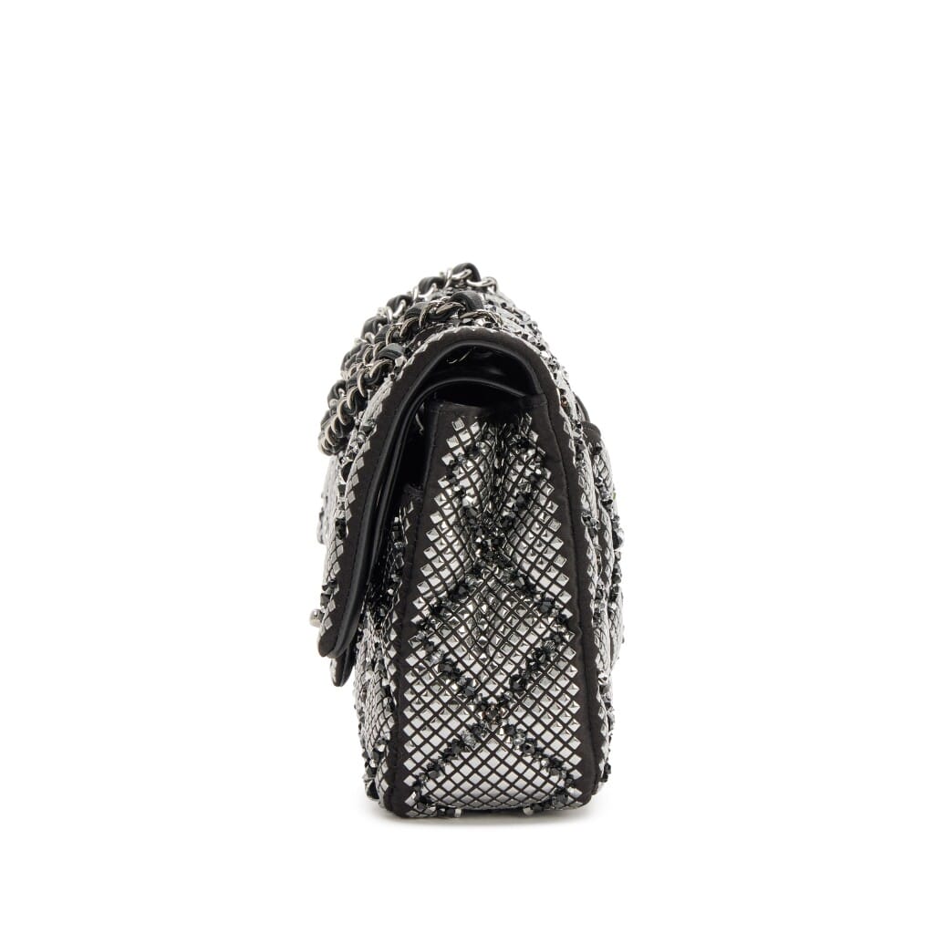 Black Quilted Satin Strass Embellished Beaded Classic Medium Double Flap Bag Ruthenium Hardware, 2022