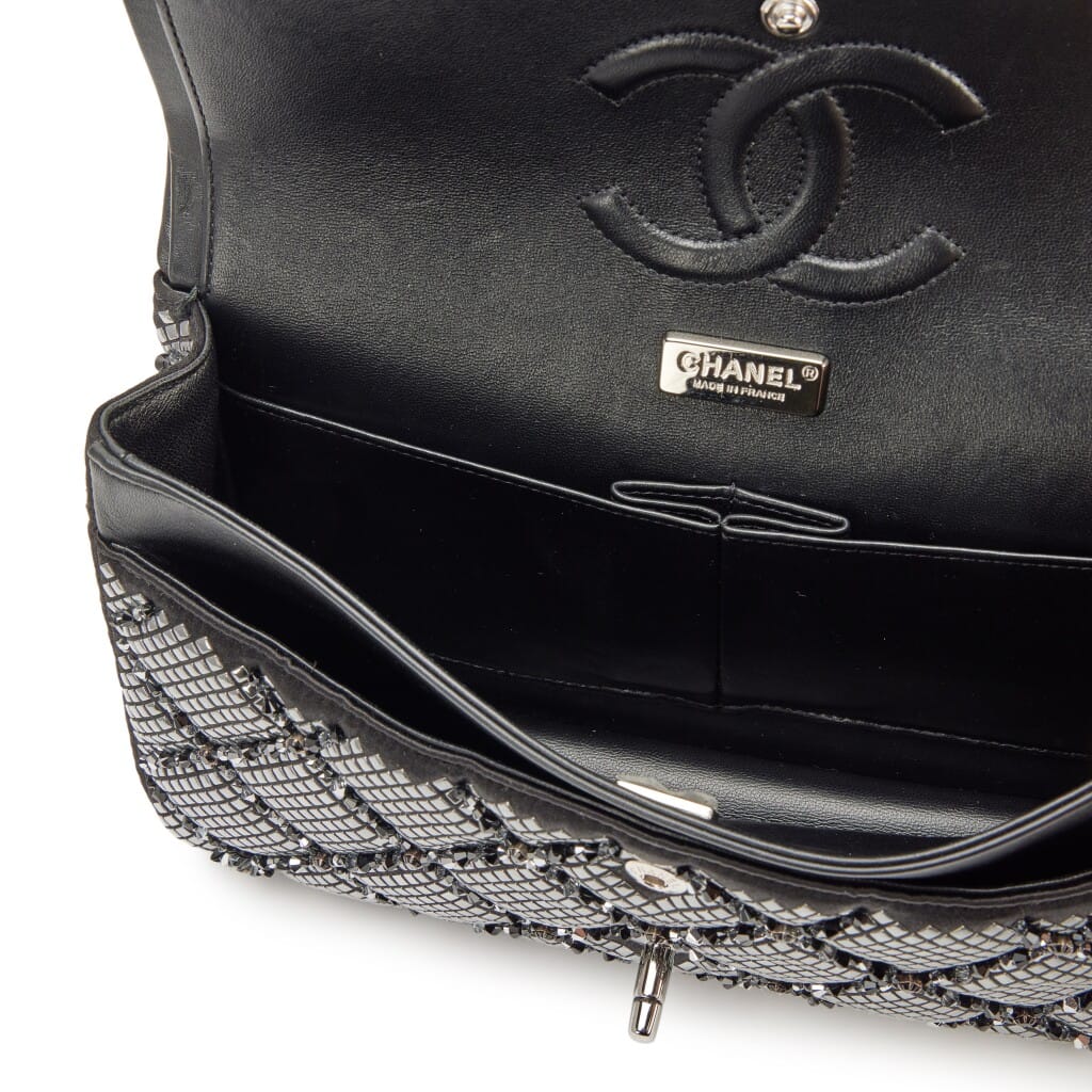Black Quilted Satin Strass Embellished Beaded Classic Medium Double Flap Bag Ruthenium Hardware, 2022