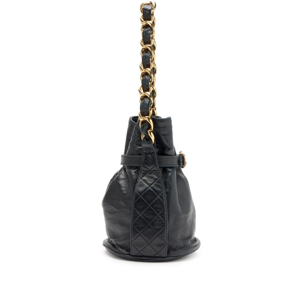 Vintage Black Lambskin Chunky Chain Drawstring Bucket Bag Gold Hardware, 1990s
