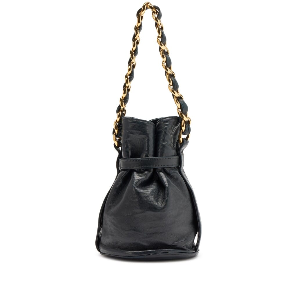 Vintage Black Lambskin Chunky Chain Drawstring Bucket Bag Gold Hardware, 1990s