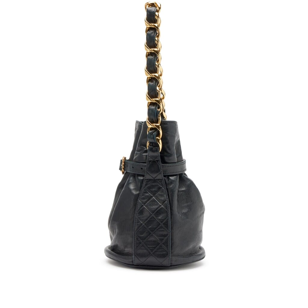 Vintage Black Lambskin Chunky Chain Drawstring Bucket Bag Gold Hardware, 1990s