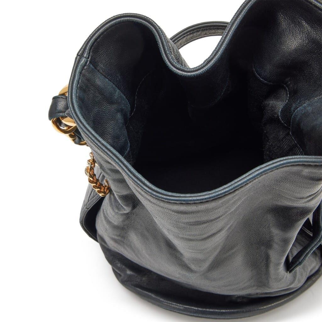 Vintage Black Lambskin Chunky Chain Drawstring Bucket Bag Gold Hardware, 1990s
