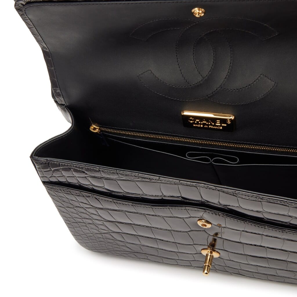 Black Alligator Jumbo Classic Double Flap Bag Gold Hardware, 2017