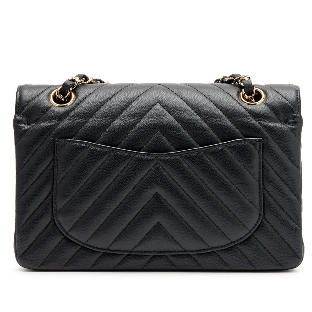 Black Quilted Chevron Caviar Small Double Flap Bag Light Gold Hardware, 2019-2020